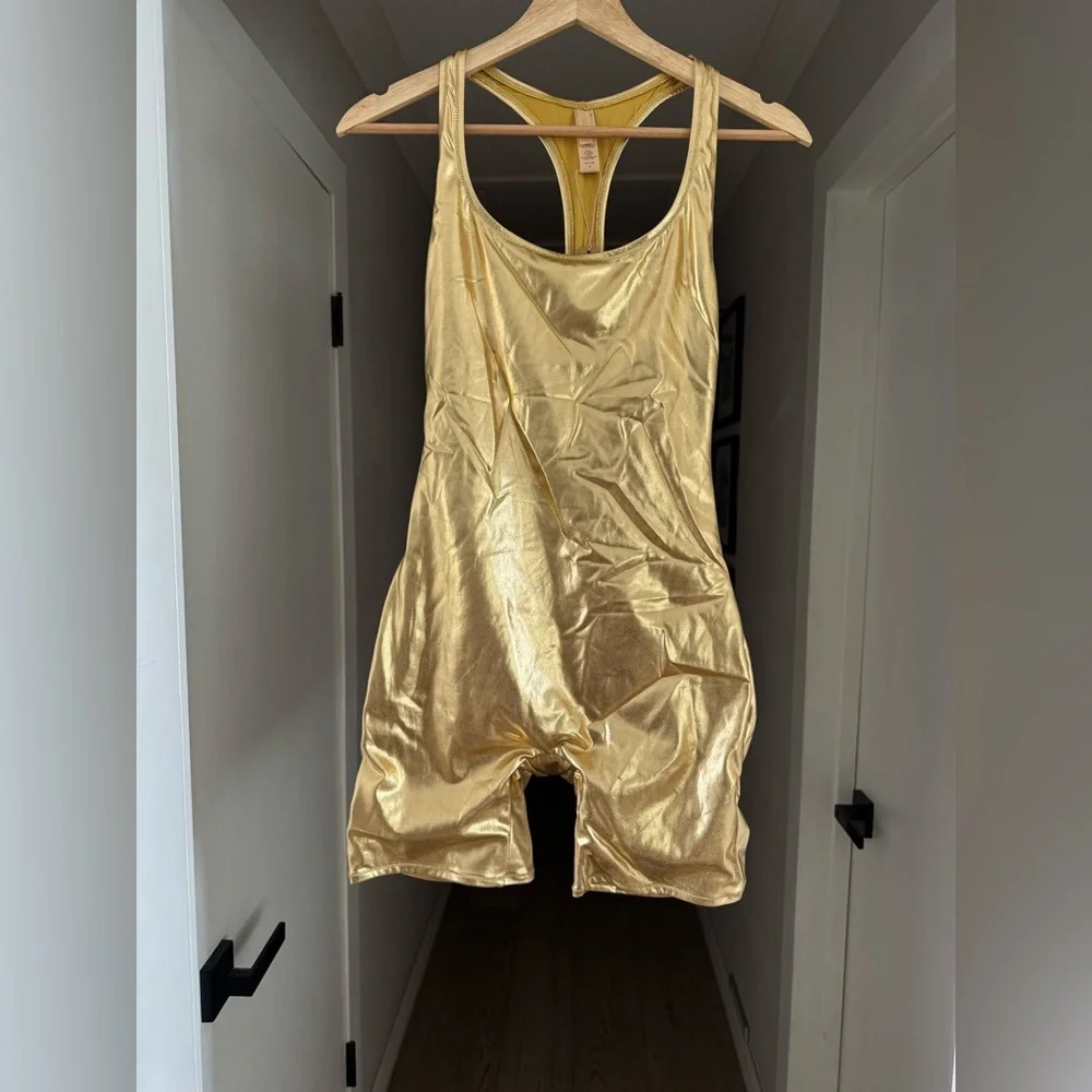 SKIMS Metallic Swim Cycle Suit in Gold Sz M MSRP $128 NWT